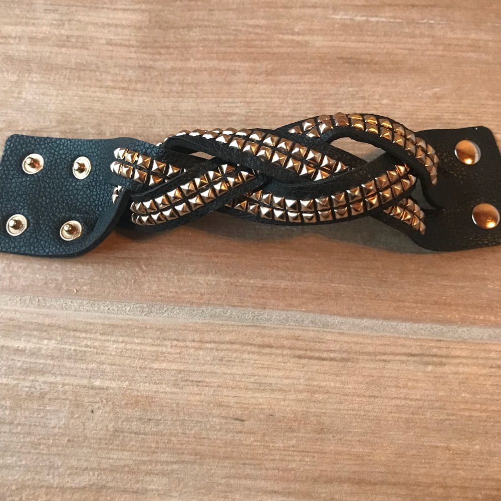 Black leather and gold studded bracelet